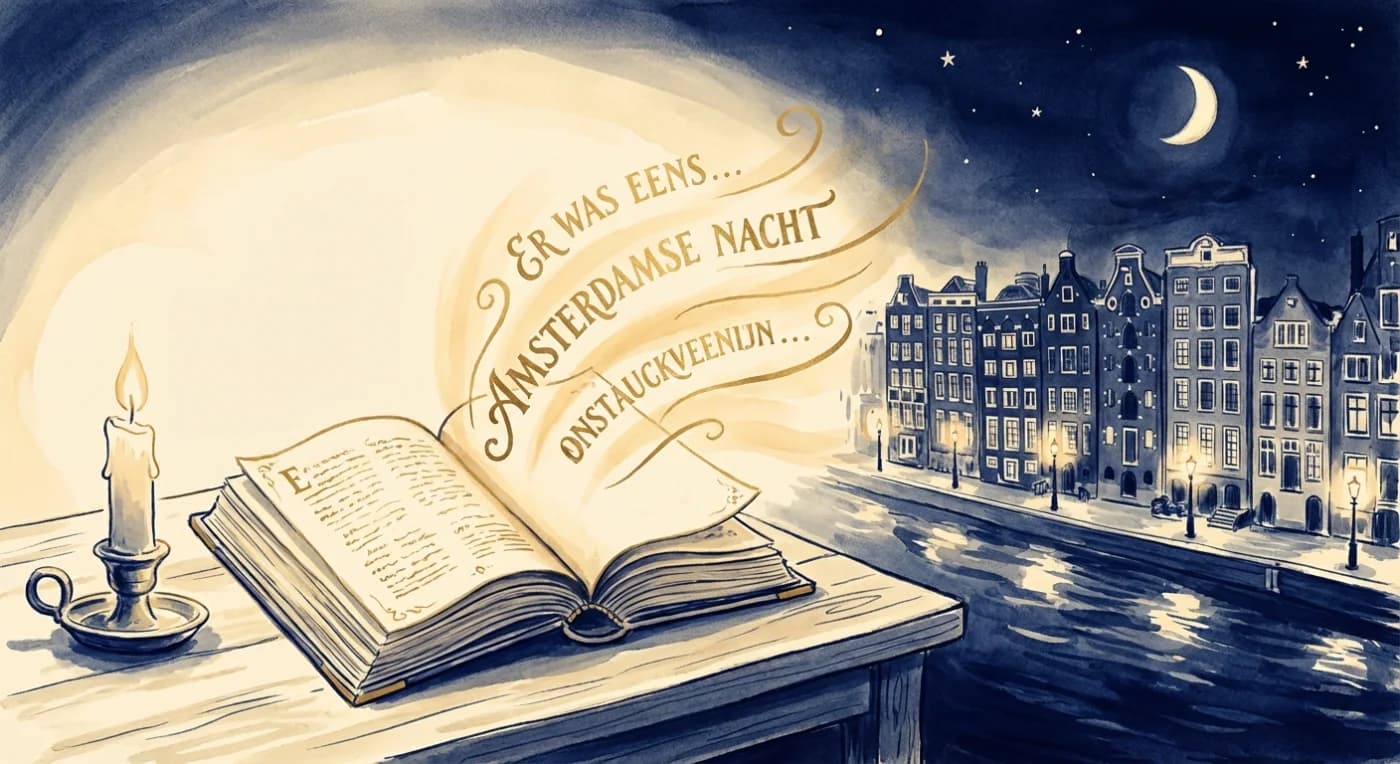 Dutch words rising from an open book above Amsterdam canals