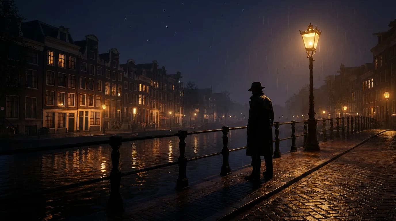 Amsterdam canal at night in the rain